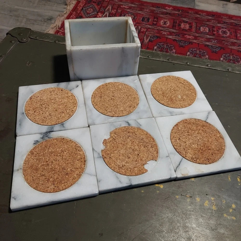 White Marble and Cork Square Coaster Set of 6 with Matching Holder 4 Inch